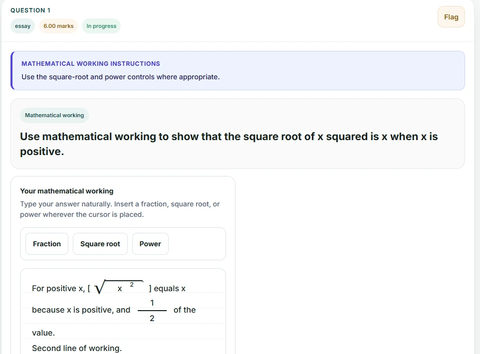 Testify student examination interface showing a theory question and mathematical answer controls