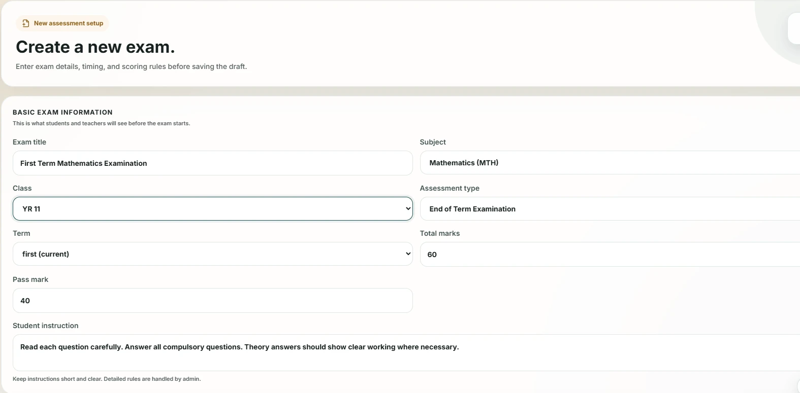 Testify examination creation showing exam details, class, subject, term, marks and student instructions